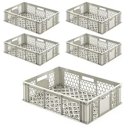 BRB 5x Eurobehälter 'Basic' durchbrochen, 600x400x170 mm, 32 Liter, 4 Durchfassgriffe, PE-HD, kieselgrau