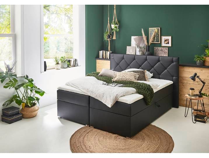 Boxbett, Kunstleder, Schwarz, 160×207 cm, XXL-Bettkasten & Topper, Atlantic Home Collection