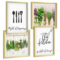 BILDER SET 4er Set - 50x50 cm & 40x60 cm Goldrahmen - Küchenkräuterpflanzen Beschriftungen