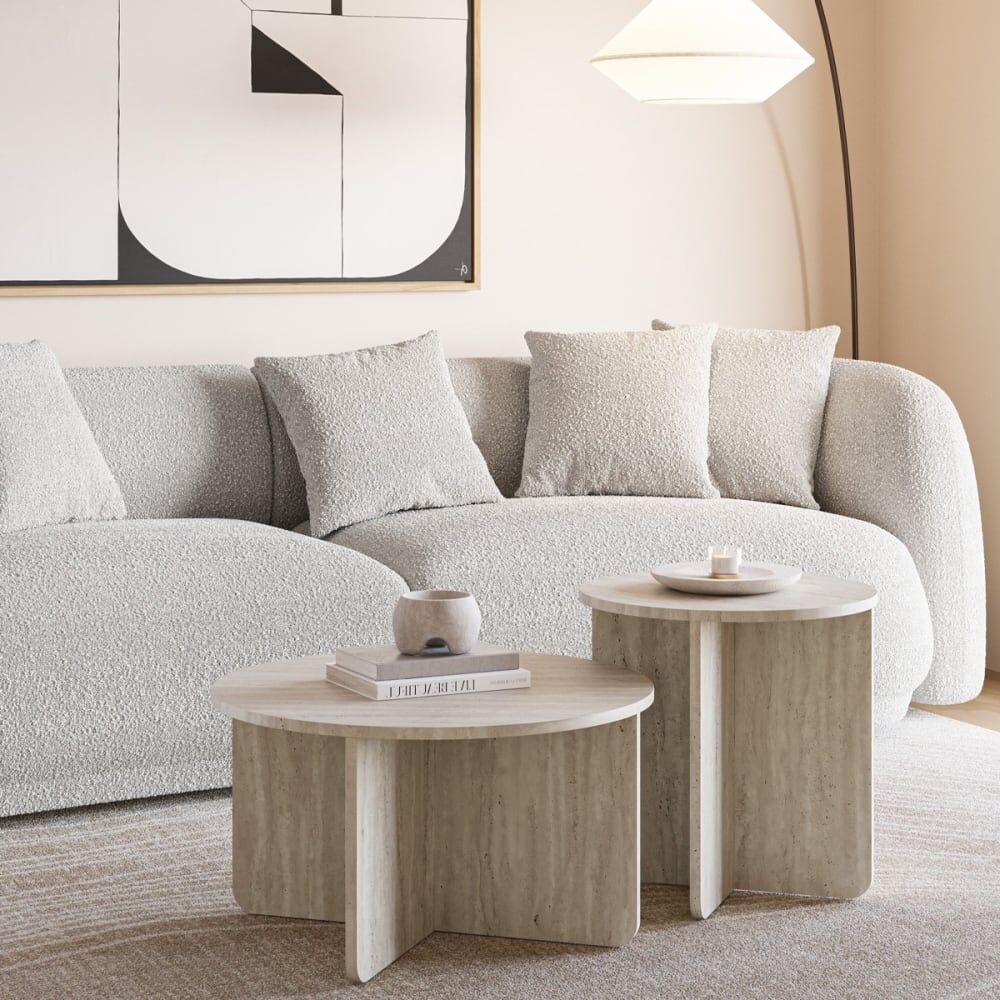 Homifab Set de 2 tables basses rondes décor travertin Beige 70x70x70cm