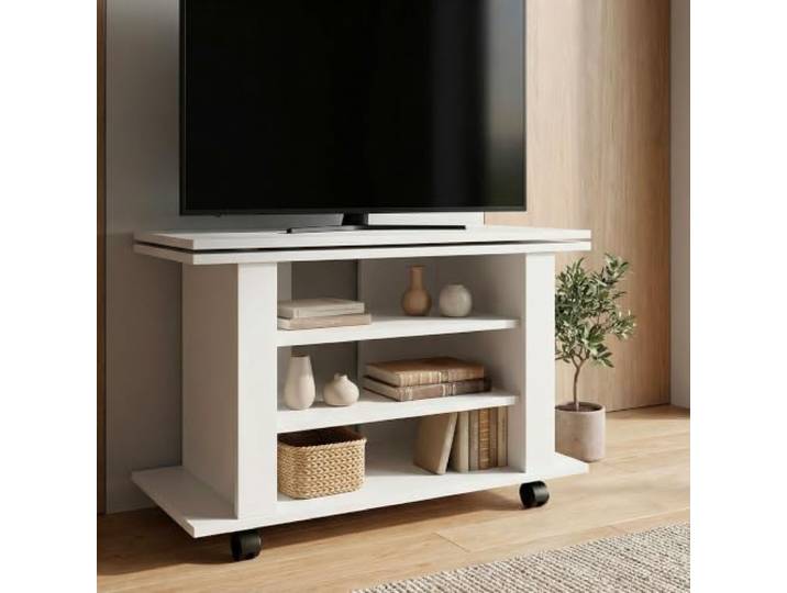 möbelando freiraum TV Lowboard Weiß mit Rollen, 360° drehbare Oberplatte, offene Fächer, TV-Schrank aus Holzwerkstoff, 78 x 51 x 38 cm