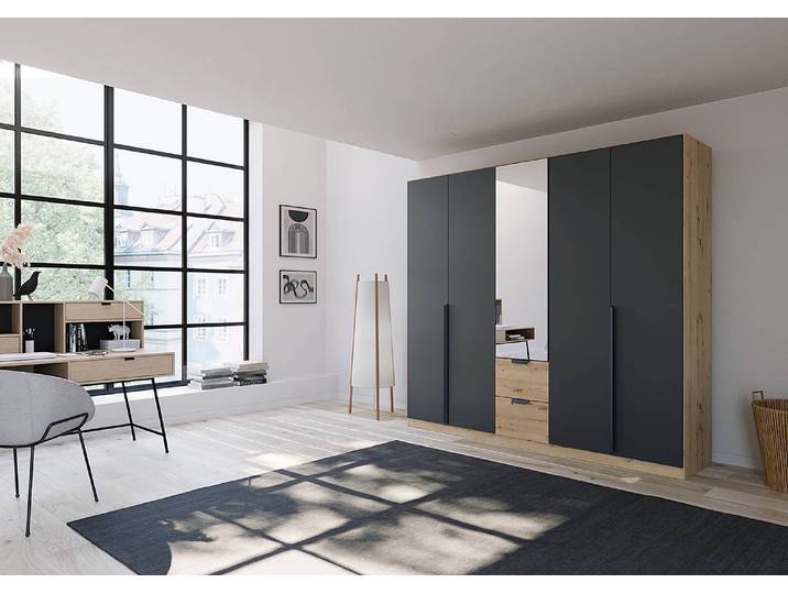 Drehtürenschrank Dark&Wood Schubladen 226cm Grau mit Spiegeltür/-en