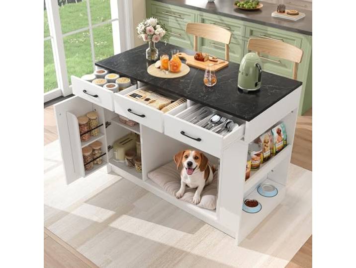 Merax Kücheninsel Küchenschrank mit Arbeitsplatte, Sideboard mit Lagerungsschrank, Schubladen, Gewürzablage, Offene Regale, Verstellbare Regale, Haustierbereich, Tischplatte mit Marmormuster, Weiß