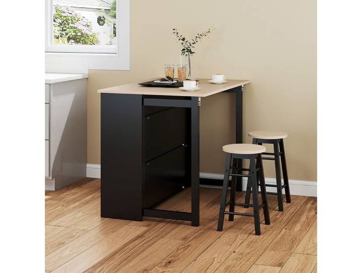 Ensemble table et chaises de bar avec 1 Table Pliante et 2 Tabourets Rangement - UVRION - Contreplaqué - Noir