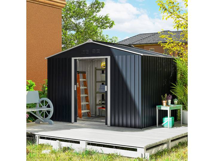 Outsunny Cabane Métal Gris Foncé 277x195x192cm Portes Coulissantes