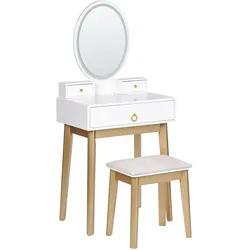 SCHMINKTISCH mit ovalem LED-Spiegel Hocker 3 Schubladen weiß/gold Rosey