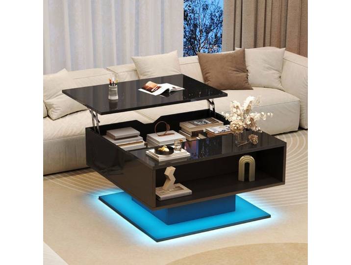 Lemonbest Table basse relevable LED 80×77×40 cm - Noir rangement dissimulé