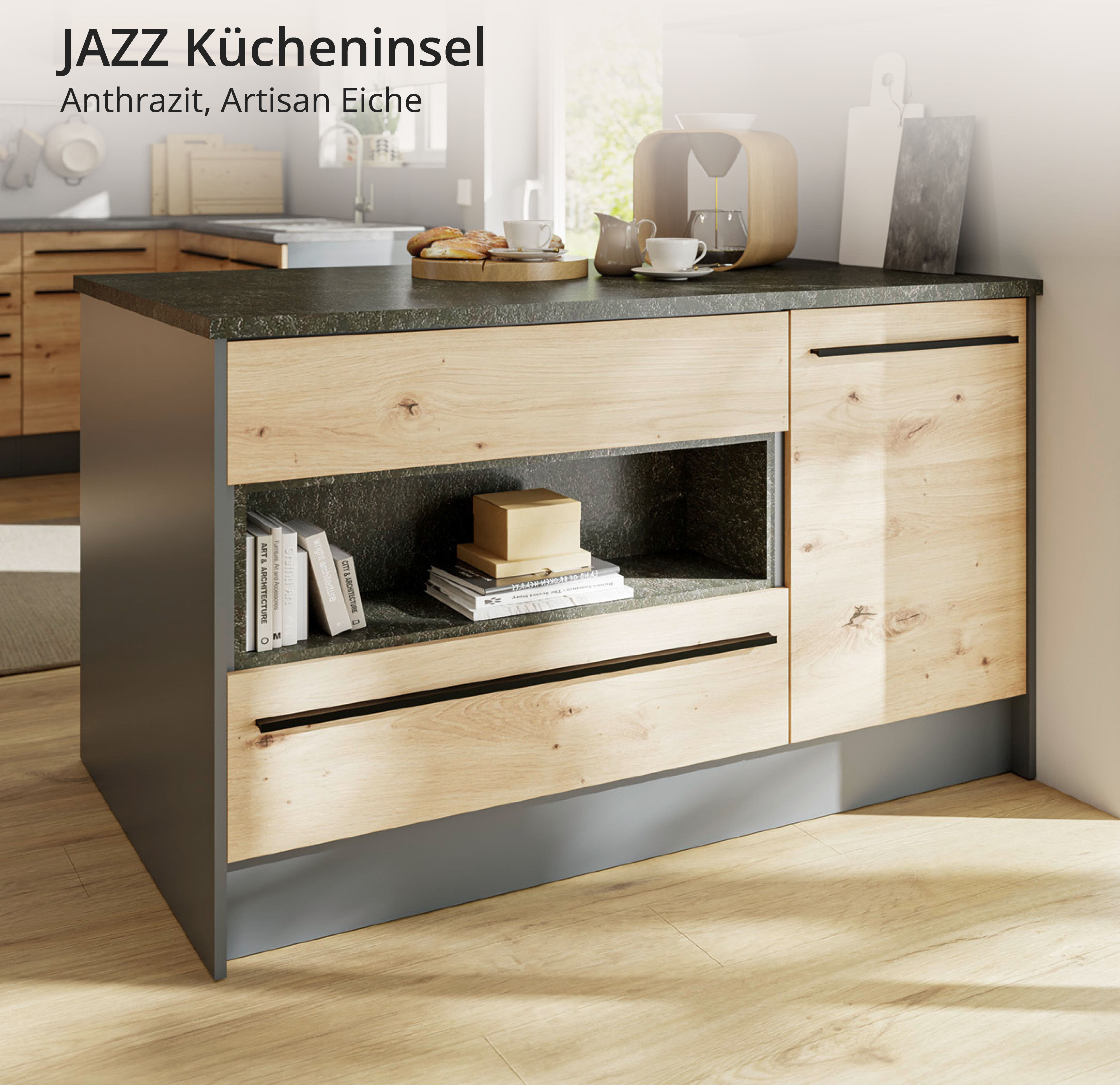 Kücheninsel BASIC BY BALCULINA "Jazz Kücheninsel", grau (küche: grau, korpus: anthrazit, arbeitsplatte: metallic graubraun), B:145cm H:90cm T:90cm, Komplettküchen-Sets, Kücheninsel, Breite 145 cm, Türen und Schubkästen küche: grau, korpus: anthrazit, arbe