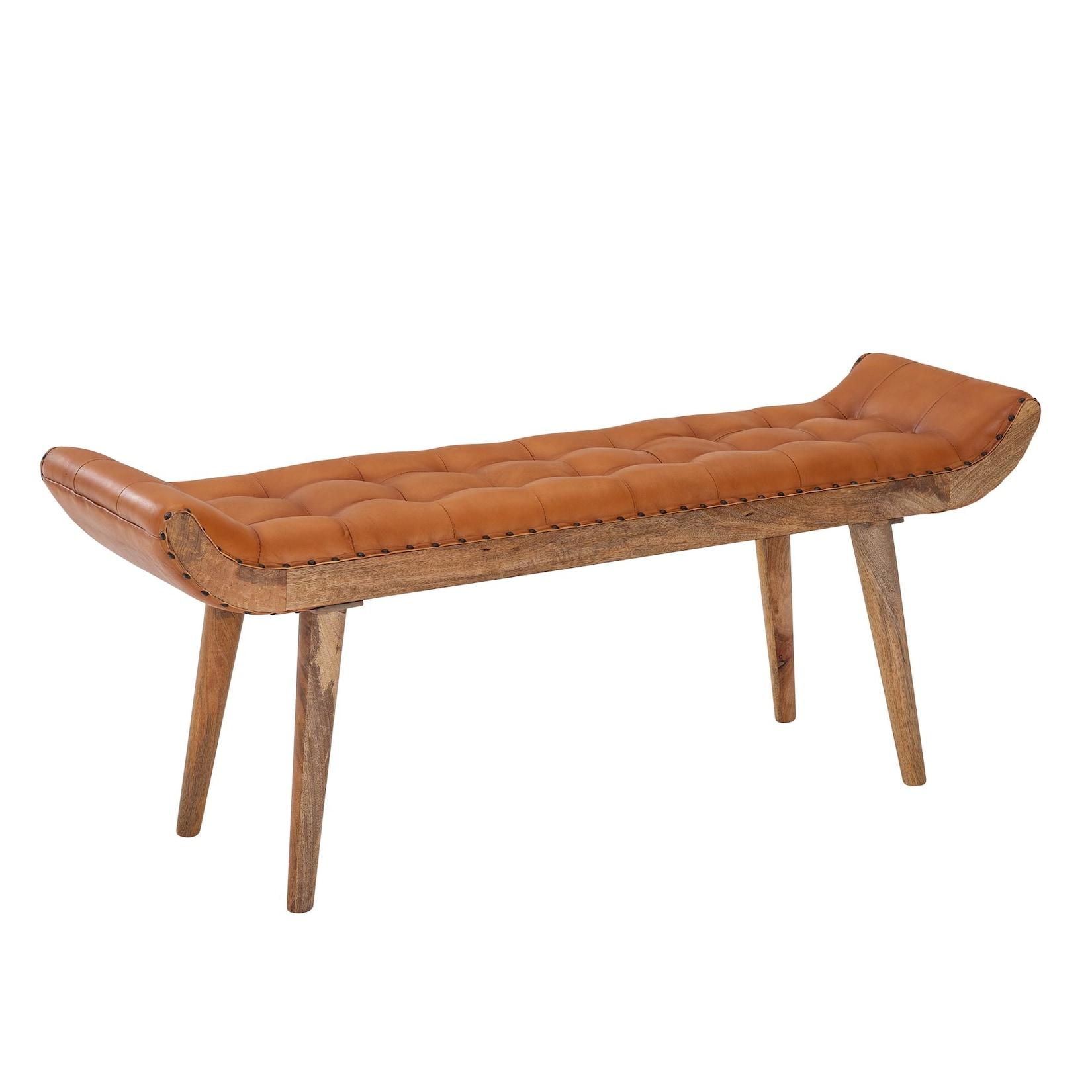 KADIMA DESIGN Sitzbank aus Massivholz und Leder/Stoff: Chesterfield-Muster, 125x50x38 cm, Lederpolsterung, Massivholzbeine.