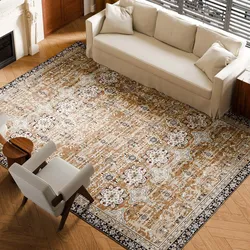 VEVOR Flächenteppich, 2743x3658 mm Kurzflor, waschbarer Teppich, rutschfester Wohnzimmerteppich im Vintage-Stil, Innenmatte für Schlafzimmer, Wohnzimmer, Kinderzimmer, Büro, Braungrün