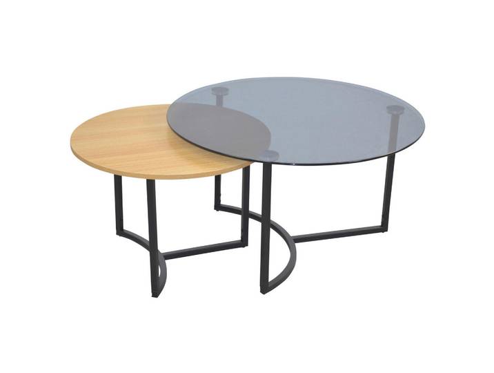 Mid.you Couchtischset, Schwarz, Buche, Metall, Glas, 2-teilig, Uni, rund, Flachrohr, 80x45x80 cm, einfacher Aufbau, Wohnzimmer, Wohnzimmertische, Satztische