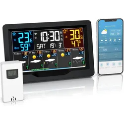 Brandson WLAN Funk-Wetterstation mit Aussensensor, App, 4-Tage-Prognose, Luftfeuchtigkeit, Wecker, Wetterstation, Weiss, Schwarz