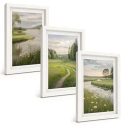 BILDER SET 3er Set - 20x30 cm Weißer Rahmen - Sommerliche Flusswiesen voller Blumen