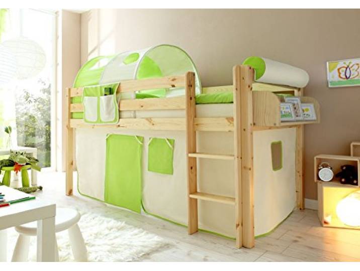 TiCAA Hochbett Spielbett Malte Kiefer massiv Natur, Vorhangstoff:Beige Grün