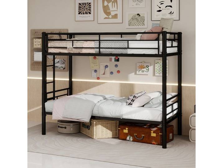 Lit superposé enfant - LEMONBEST - 90x190 cm - Convertible 2 lits - Acier noir - Sommier à lattes