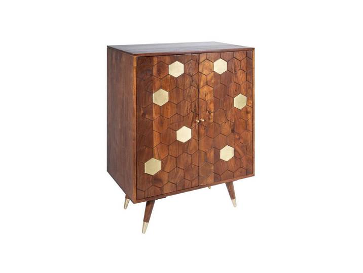Licht-Erlebnisse Barschrank JAKARTA Retro Design H: 96 cm in Natur Gold Holz Metall