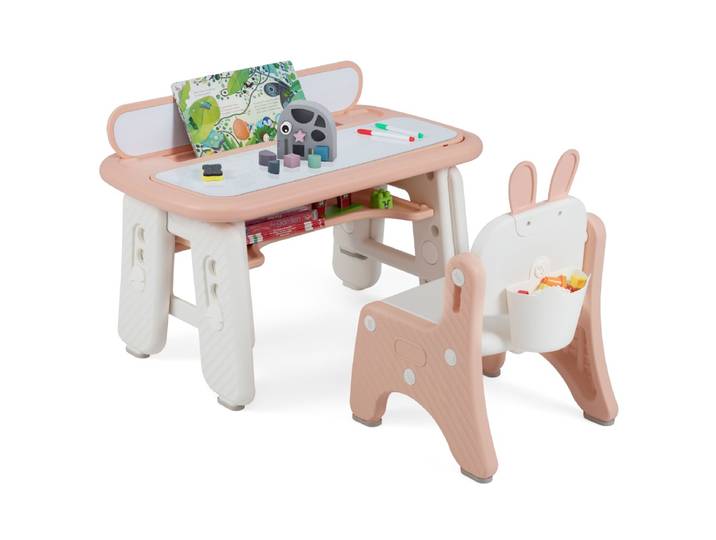 Kindertafel- en Stoelset Kunsttafel en Stoel Voor Peuters met Opklapbaar Boekenrek Roze