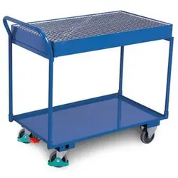 Tischwagen DENIOS classic-line, 2 Stahlwannen, Gitterrost,  TPE-Reifen, ErgoStop, 845x495mm, 250kg