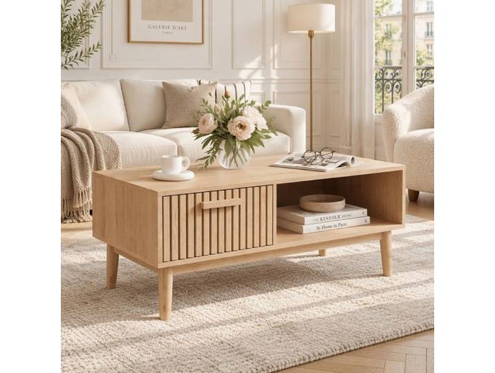Table basse bois SORVAGLOS 100x50x43 cm Table basse de salon tiroir table d'appoint en bois massif meuble de salon coloris chêne