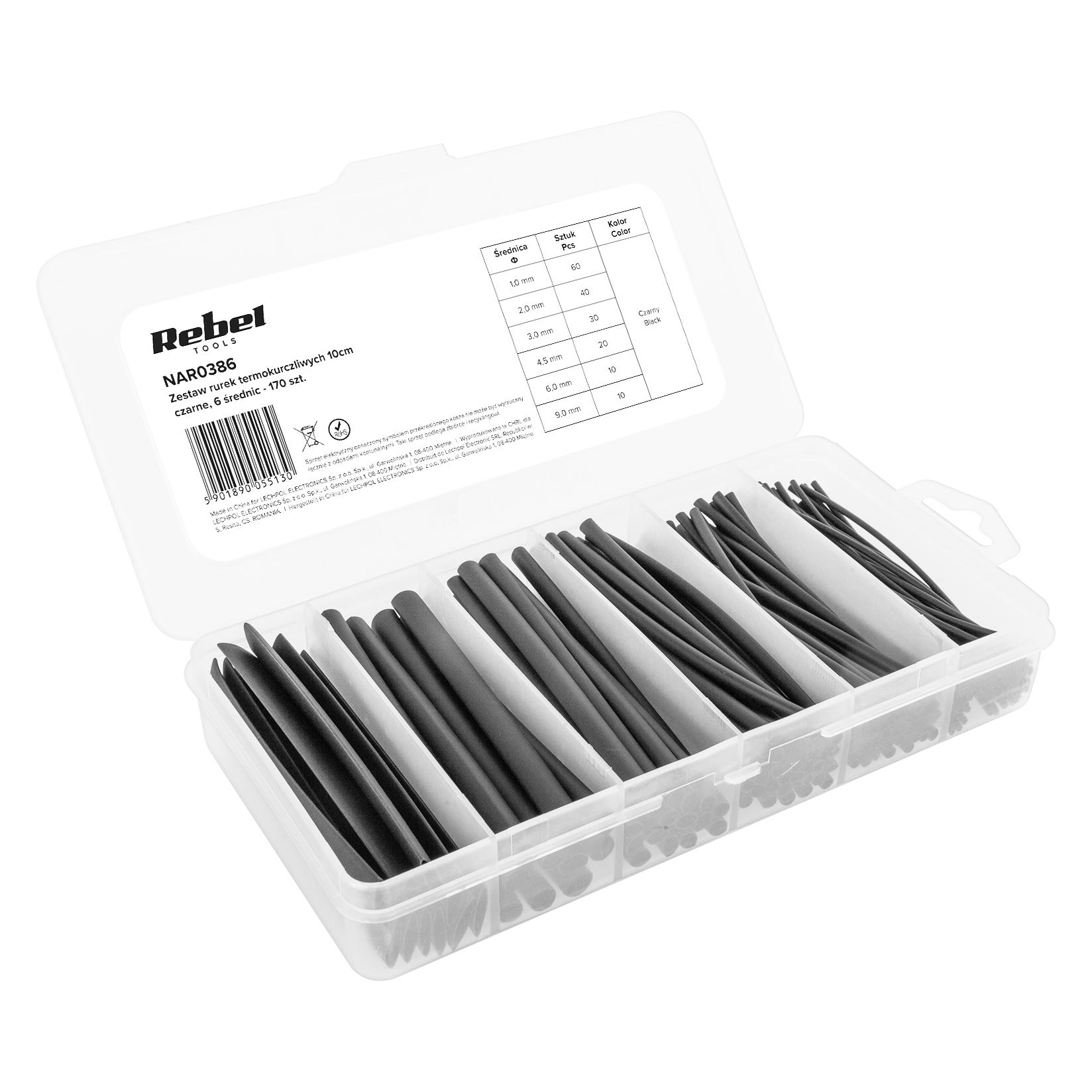Cabletech Set of 10 cm heat-shrinkable tubes. black, 6 diameters - 170 pcs. (170x) (?LEC-NAR0386)