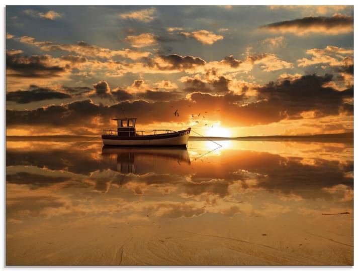 Glasbild ARTLAND Das Fischerboot im Sonnenuntergang , orange (farbe bild(er): orange), B:80cm H:60cm, Bilder, Glasbild, in verschiedenen Grössen