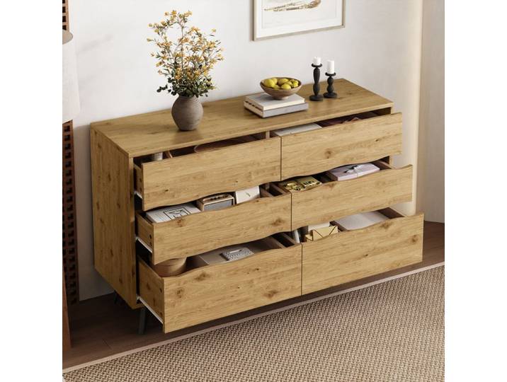 Merax Commode à 6 Tiroirs Chambre - Bois Naturel - Meuble de Rangement Salon Salle à Manger – 120x40x75 5 cm