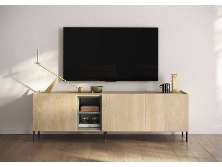 Lowboard OTTO HOME Badia, 182 cm breit, 3 Türen, Mediaboard, TV-Schrank , beige (eiche lindberg dekor), B:182cm H:58cm T:42cm, Holzwerkstoff, Sideboards, Lowboard, Innenliegendes Top, gerade Metallfüße, salbeigrüne Farbakzente