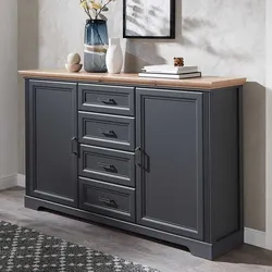 Landhaus Sideboard in Dunkelgrau und Eichefarben vier Schubladen