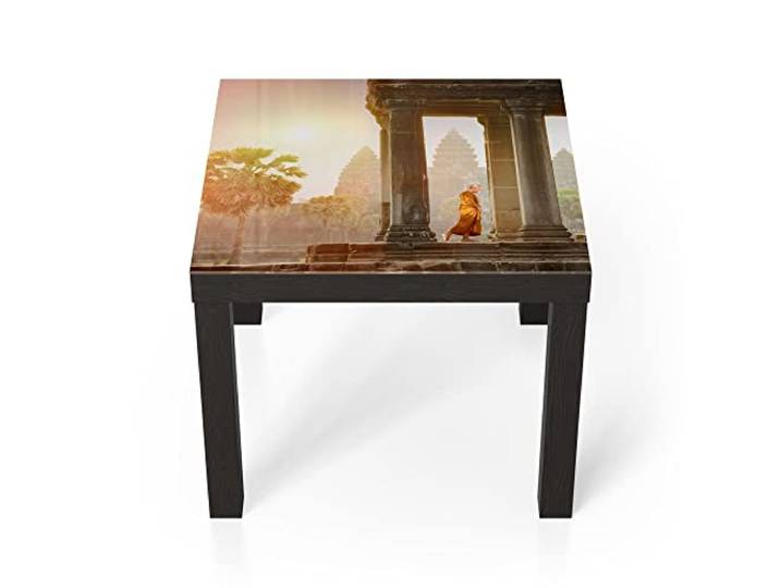 DEQORI Glastisch schwarz klein 55x55 cm Motiv Mönch in Tempelanlage ausgefallener Beistelltisch aus Glas Hochglanz Couchtisch fürs Wohnzimmer moderner Couch Tisch mit Design
