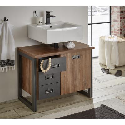 Waschbeckenunterschrank HOME AFFAIRE "Detroit, Waschtisch mit Apothekergriff, Badschrank im Industrialdesign", gelb (eiche honigfarben dekor, schiefer, nachbildung), B:81cm H:62cm T:40cm, FSC-zertifizierter Holzwerkstoff, Schränke,...