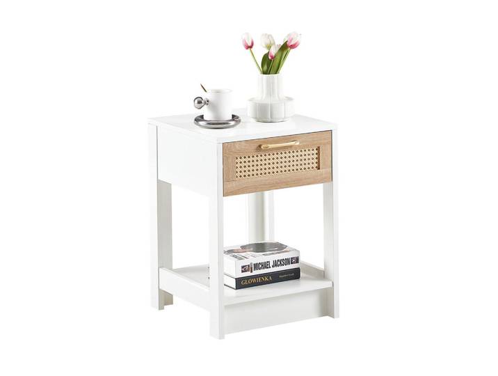 Modfu Nachttisch aus MDF 40x40x55 cm Natur/Weiß mit Schublade und Rattan-Optik, 40x55x40 cm, Schlafzimmer, Nachtkästchen