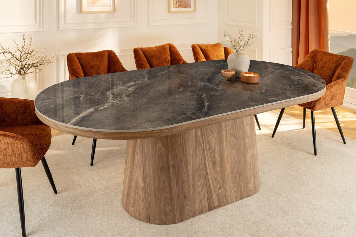 Invicta Interior Ovale Eettafel Unique 200cm Grijsbruin Keramiek Walnoot Kolomvoet