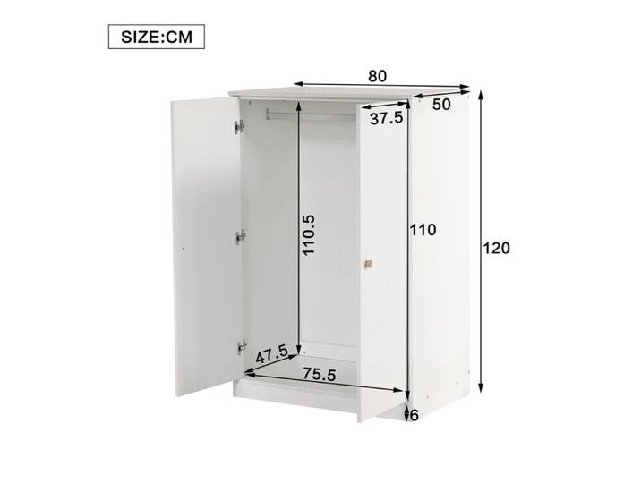 Armoire compacte - Blanc - MDF robuste - 80x50x120 cm - 36 kg - Barre pour vêtements - Deux portes battantes