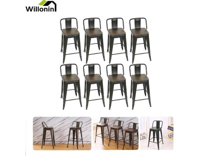 Tabouret en métal et bois foncé - WILLONIN - Set de 8 - Siege 30x30cm - Assise hauteur 63.5 cm - Avec dossier