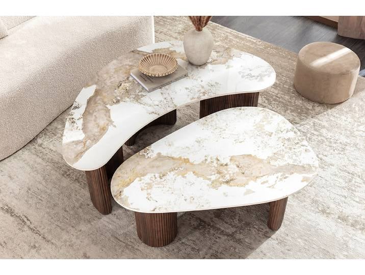 2er Set Couchtische OSAKA 120cm weiß Pandora Keramik Walnuss organisch Sofatisch Wohnzimmertisch Satztisch Modern & Design