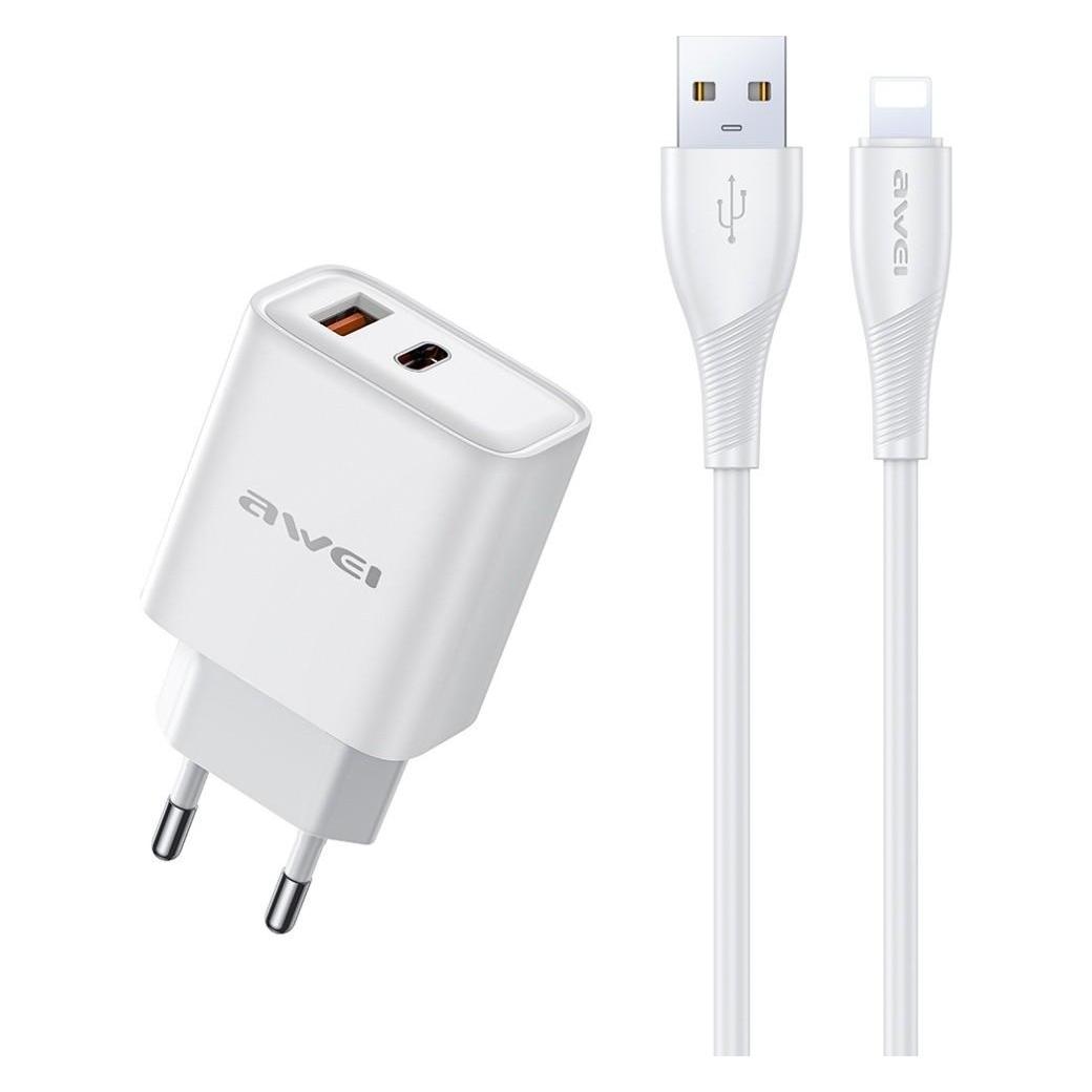 Awei ład. siec. PD81L-EU 22.5W + kabel USB + Lightning biała/white GaN (22.50 W, 2 Ports) (AWE000237)
