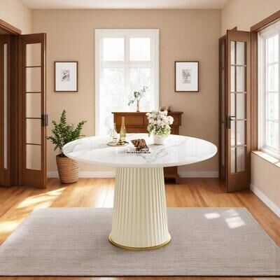 ZWYO HOSIMU "Modern Round Sintered Stone Dining Table, 35"" Small Kitchen Table with Pleated PU Leather Pedestal Base"