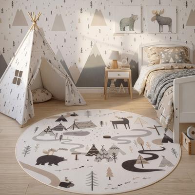 Kinderteppich AYYILDIZ TEPPICHE "COCO 1135 , auch in rund erhältlich", beige (creme), H:8mm Ø:120cm, Teppiche, Kinderteppich, Waschbar bei 30 C, rutschhemmend, OEKO-TEX zertifiziert, Waldtiere