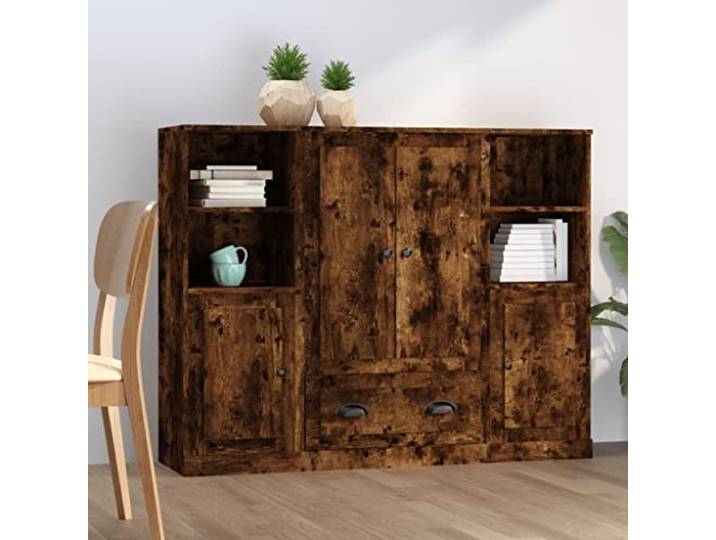 RJPLMFV Anrichte, 3-teilig, rauchfarbene Eiche, Holz Geräumige Aufbewahrung, minimalistisches Design, Wandbefestigung inklusive, feuchtigkeitsbeständig