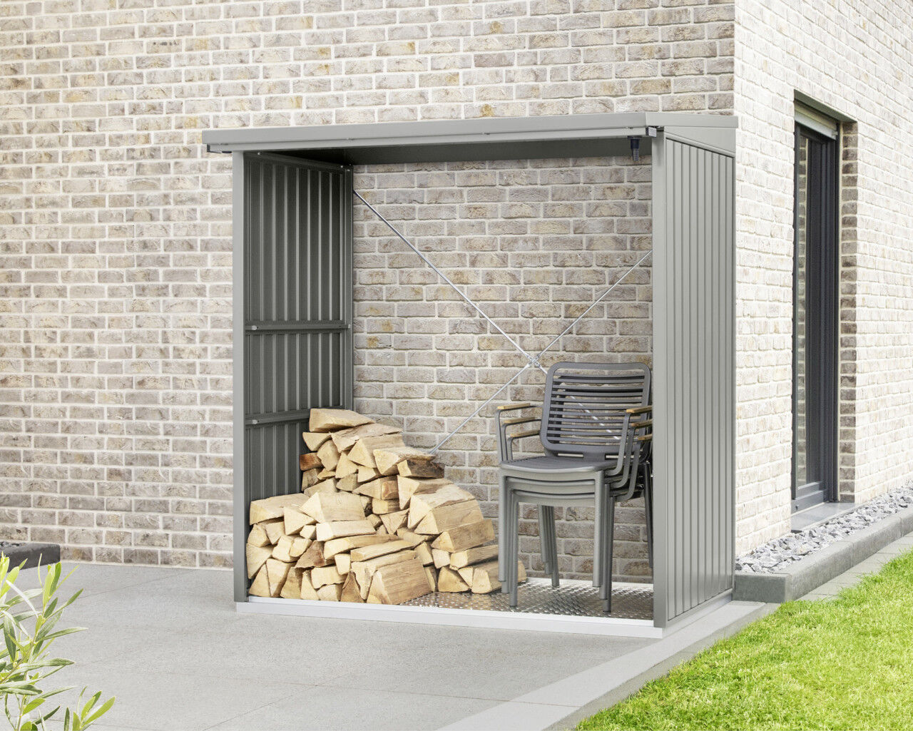 Ecostar Kaminholzregal Trend-V Typ 2, graualuminium, mit Verstrebung
