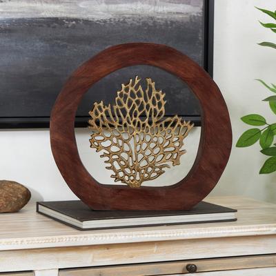 Studio 350 Gold Aluminum Metal Coral Decorative Sculpture with Brown Wooden Frame