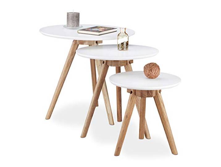 Relaxdays Beistelltisch 3er Set, Beine aus Walnussholz, weiße Tischplatte 50, 40, 32 cm, nordisches Design, weiß/Natur