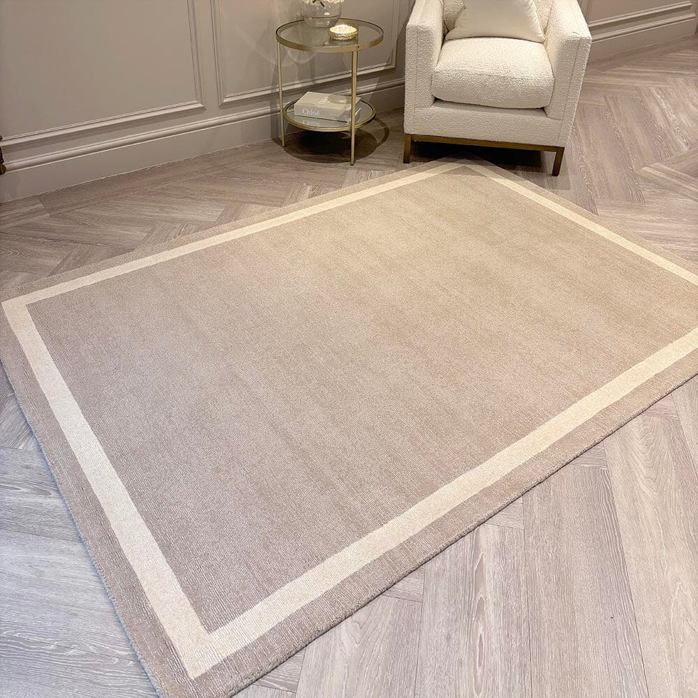Tamsin Taupe Wool Rug with Cream Border, Runner (68x240cm)