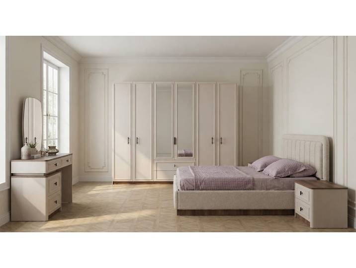 Xlmoebel Schlafzimmer-Set Edles Luxus Schlafzimmer Set Beige Modern Bouclé Bett 6-tür Schrank, (6-tlg., 6-tlg)