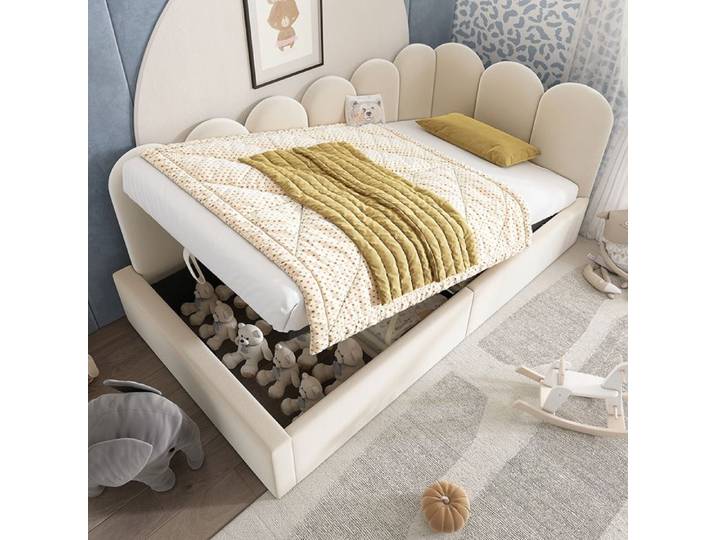 Lit coffre rembourré 90x200 cm - Canapé-lit avec coffre de rangement - Lit enfant avec sommier à lattes - Velours - Beige