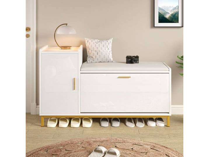 Meuble à chaussures blanc et or avec banc rembourré 1 armoire et 2 compartiments. 100x38x68 cm. Rangement entrée salon bureau