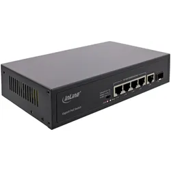 InLine PoE+ Gigabit Netzwerk Switch 5 Port (4x PoE+), 1xSFP, 1Gb/s, Desktop, Metall, lüfterlos (5 Ports), Netzwerk Switch, Schwarz