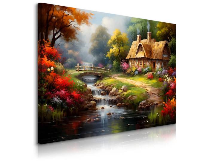Muralo Leinwandbild ländlichem Häuschen Wald Natur Landschaft 100cm x 70cm, Mehrfarbig, Kiefer, Landschaft/Berg, Baum/Pflanze/Natur, Rechteckig, 100x70 cm, einfache und schnelle Anbringung, Bilder & Rahmen, Bilder, Leinwandbilder