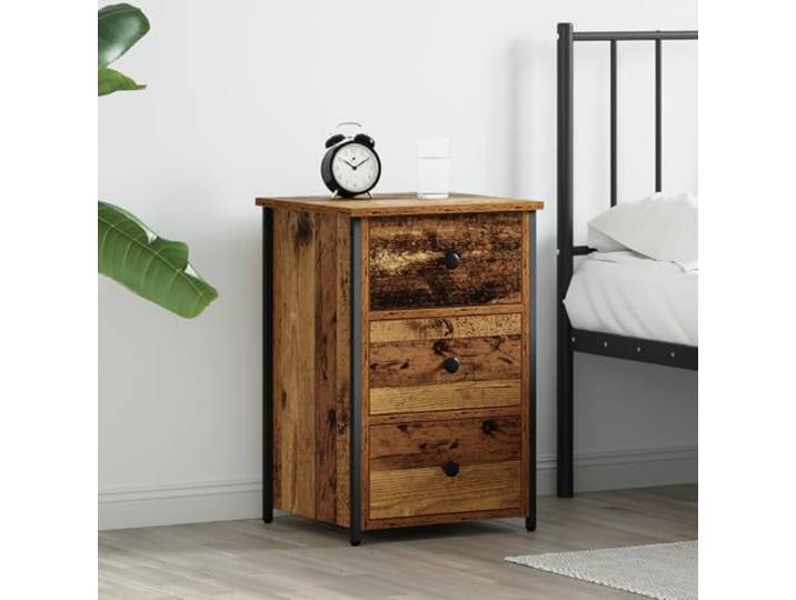 HEFZGDB Alter Holztisch Nachttisch mit 3 Schubladen Rustikaler Stil Altes Holz MDF Spanplatte Metall Mittel Elegante Matte Oberfläche