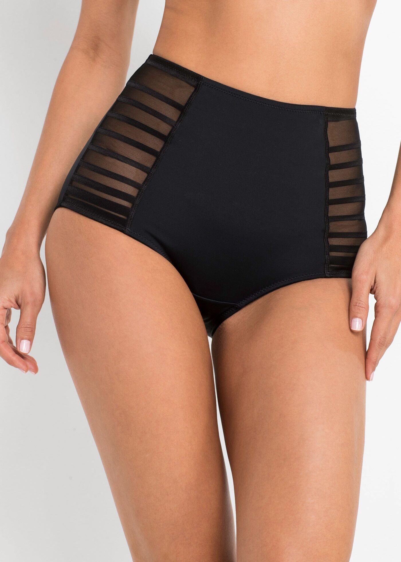Shapingslip BONPRIX, Damen, Gr. 42, schwarz, Obermaterial: 80% Polyamid, 20% Elasthan. Futter: 84% Polyamid, 16% Elasthan. Netzfutter: 73% Polyamid, 27% Elasthan, unifarben, figurbetont, Unterhosen Shapingslip, mittlere Formkraft, mit Zwickel aus Baumwoll